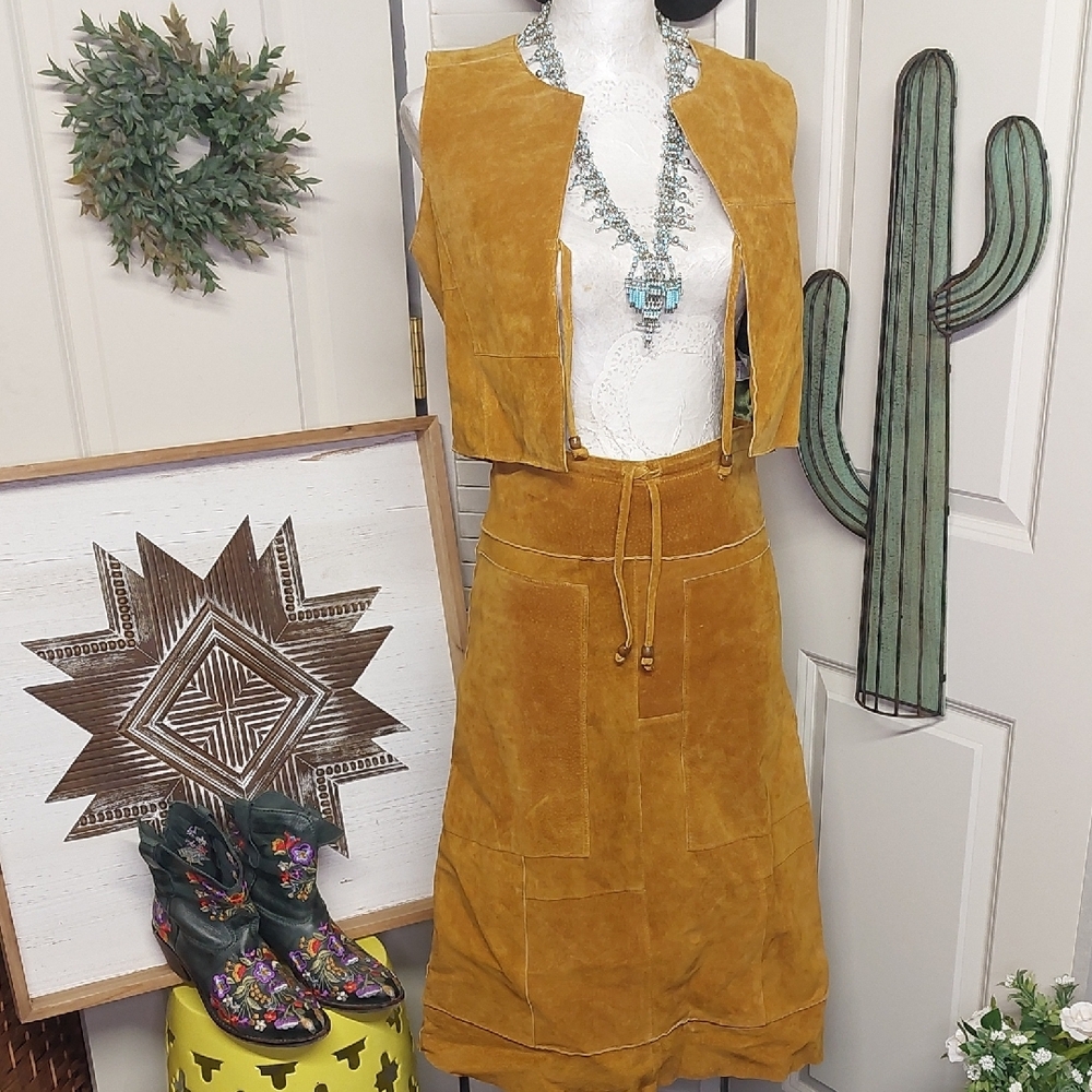 Vintage Wilsons Leather, Suede 2-Piece Set, Mustard Yellow Patchwork Vest Skirt